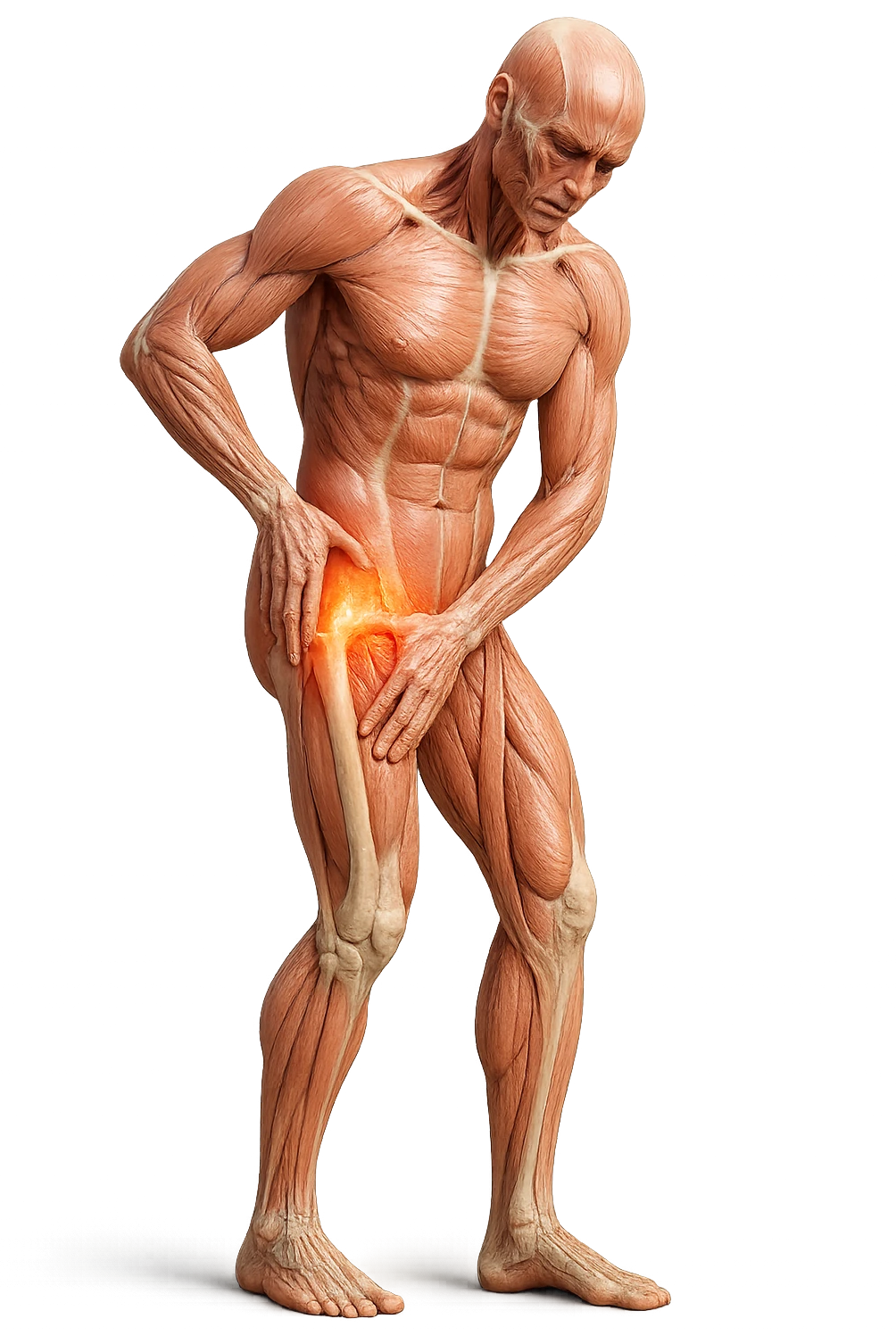 CORPO UMANO ANATOMICO A FIGURA INTERA REALISTICO CHE SI TOCCA L'ANCA INFIAMMATA, DOLORE ALL'ANCA, IPERREALISTICO 4K emoji