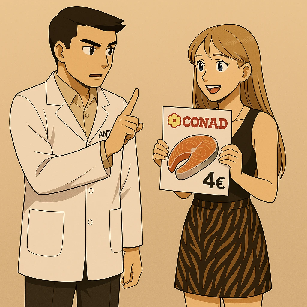 PRENDI SPUNTO DA QUESTE IMMAGINI PER FARE UN'ALTRA IMMAGINE: fai un webtoon/manga a colori con questo kinesiologo in camice bianco (fagli la scritta "ANTONIO ANANIA" SUL CAMICE) CHE PARLA CON QUESTA RAGAZZA CON GLI OCCHI AZZURRI. la ragazza è entusiasta dell'idea che ha avuto e mostra all'uomo un volantino del supermercato con la scritta "CONAD" IN ROSSO, SUL VOLANTINO CONAD FAI DISEGNATO UN TRANCIO DI SALMONE IN OFFERTA A 4€. IL KINESIOLOGO CON IL CAMICE BIANCO le FA IL GESTO "NO!" CON IL DITO PER ALLONTANARE IL VOLANTINO E LE SPIEGA CHE SI STA SBAGLIANDO. L'UOMO FALLO A SINISTRA E LA DONNA A DESTRA. FAI UN FORMATO 1:1, LE LORO FIGURE SI DEVONO VEDERE PER INTERO. NON FARE I FUMETTI, FAI SOLO LORO COME SE DIALOGASSERO emoji