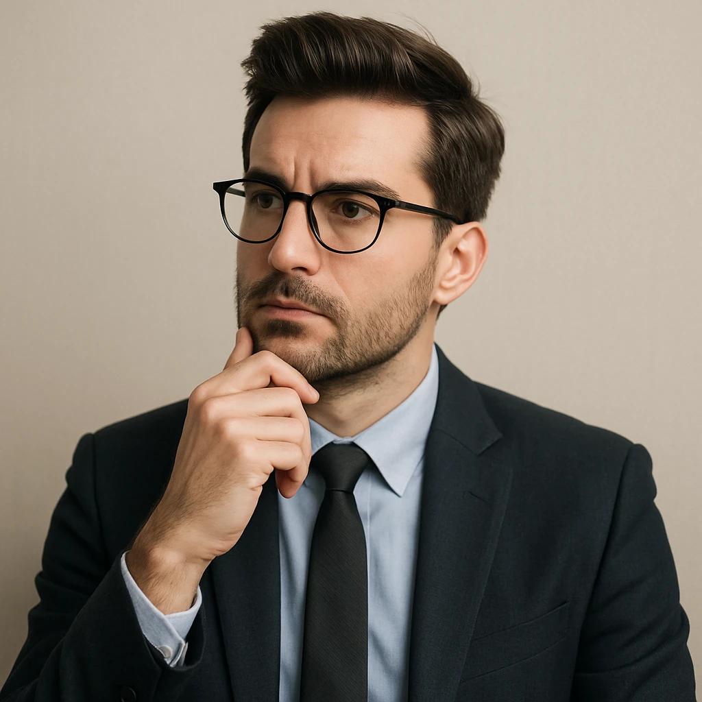 intelligent man, professional, thoughtful expression, glasses, modern hairstyle, upper body, neutral background emoji