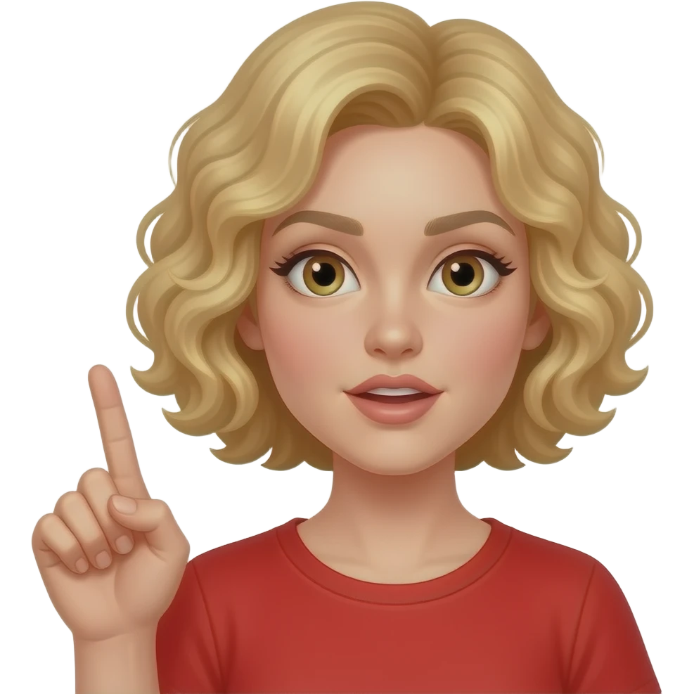 blonde curly bob with mouth saying no with finger in the air in a red shirt emoji