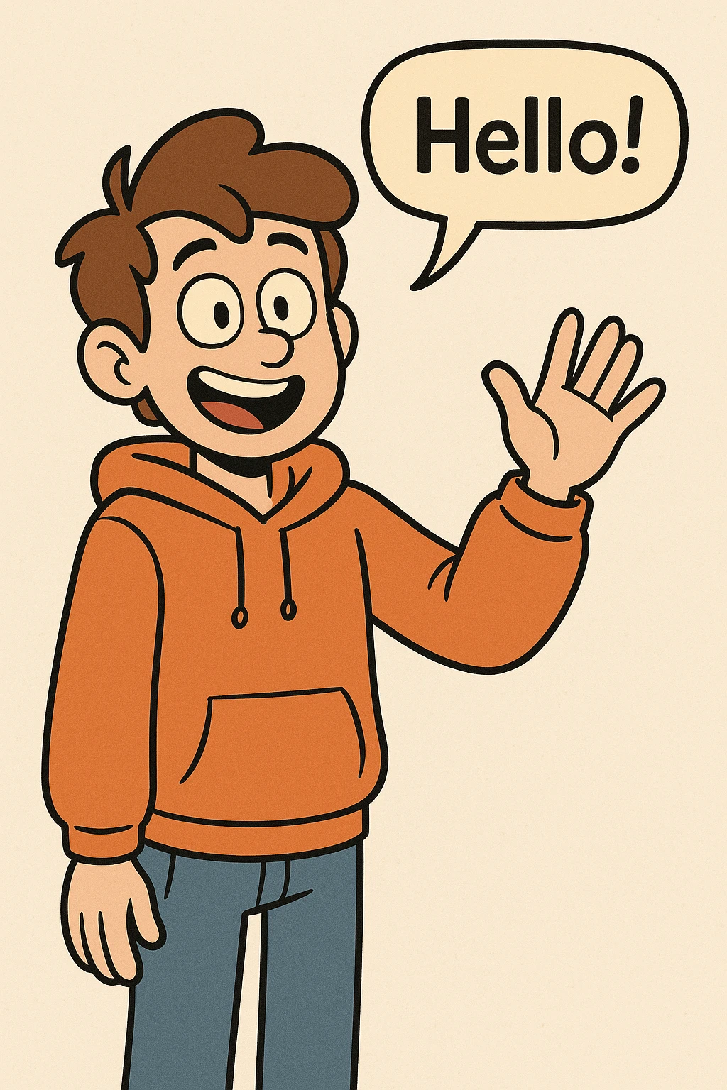 A boy brown hair how did say hello Orange hoodie blue jeans  emoji