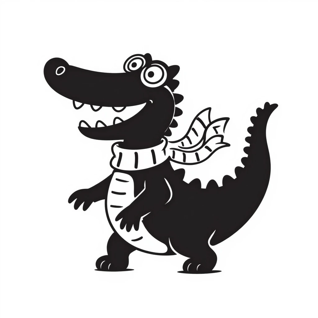 hand-drawn black outline doodle of a crocodile with aviator goggles and a scarf, energetic and fun emoji