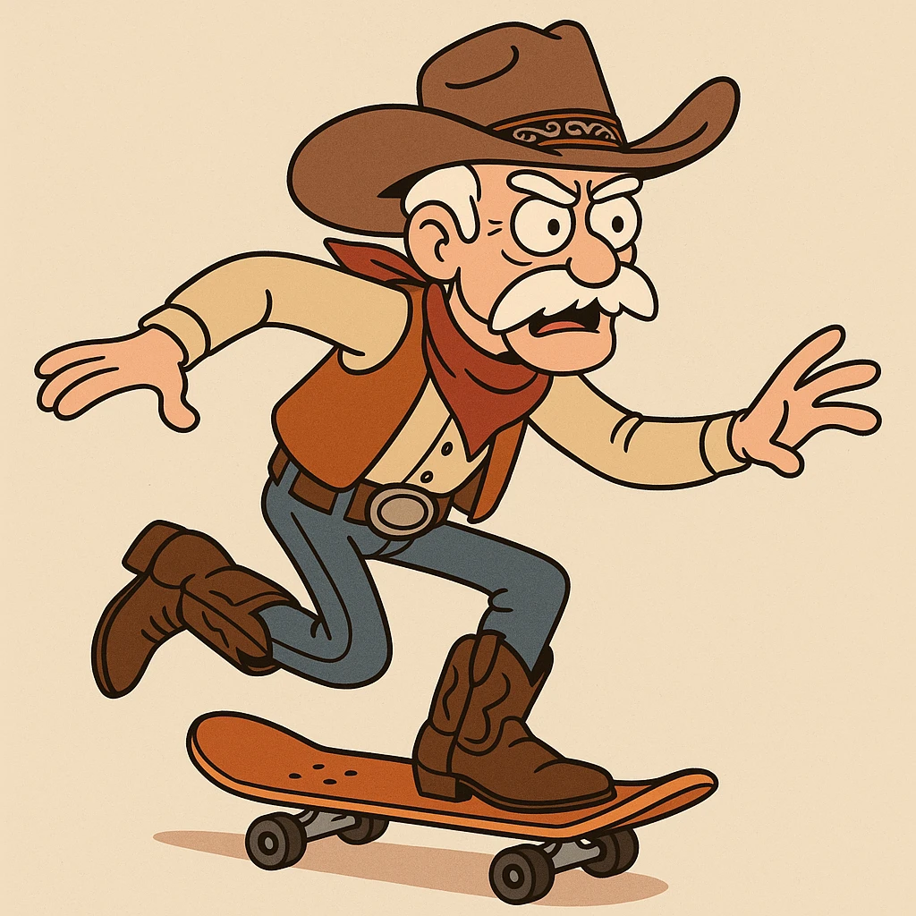 old man cowboy riding a skateboard, detailed hat, boots, western outfit, dynamic pose emoji