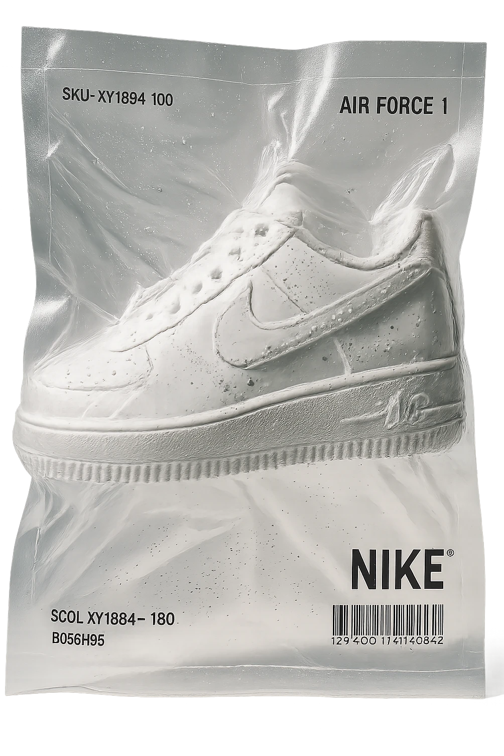 vacuum-sealed Air Force One shoe, tightly wrapped and glossy, compressed, reflective, white color emoji
