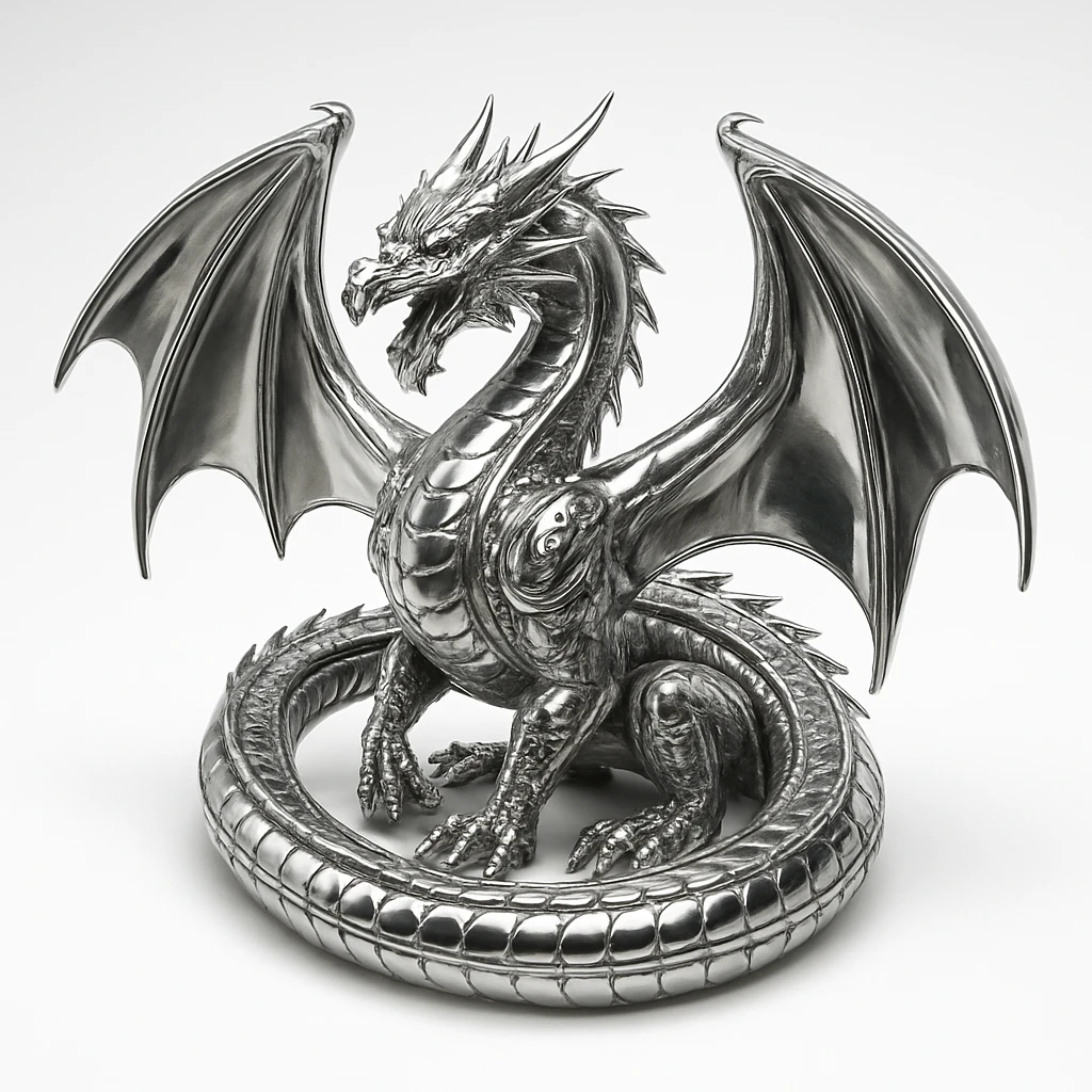 A coiled dragon with wings spread, its body gleaming with chrome highlights and intricate metallic details, 1:1 aspect ratio. emoji