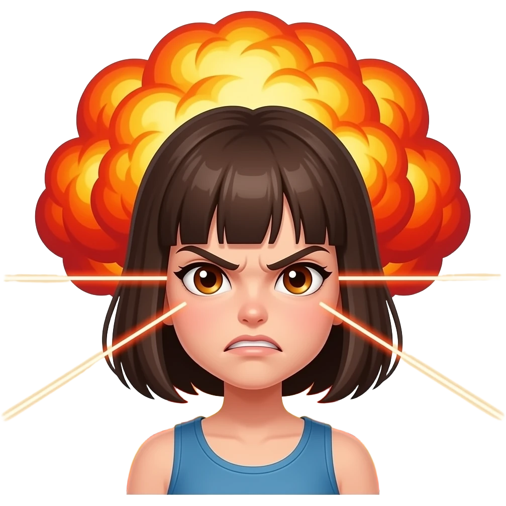 emoji, angry teen girl face, eyes shooting laser beams, nuclear mushroom cloud explosion in background, flat cartoon, vivid red orange yellow, clean outlines, white background emoji