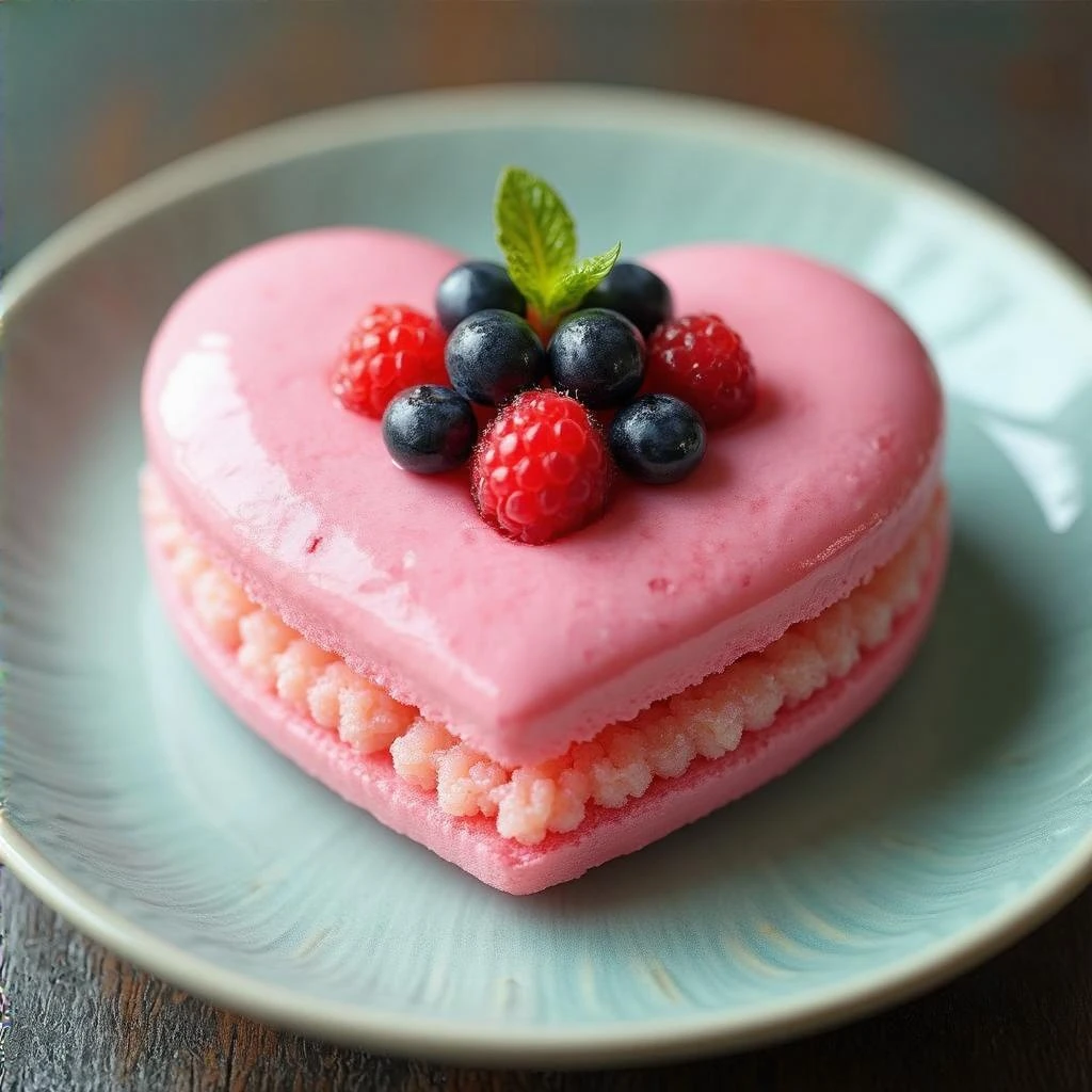 pink heart-shaped food with a fruit topping emoji