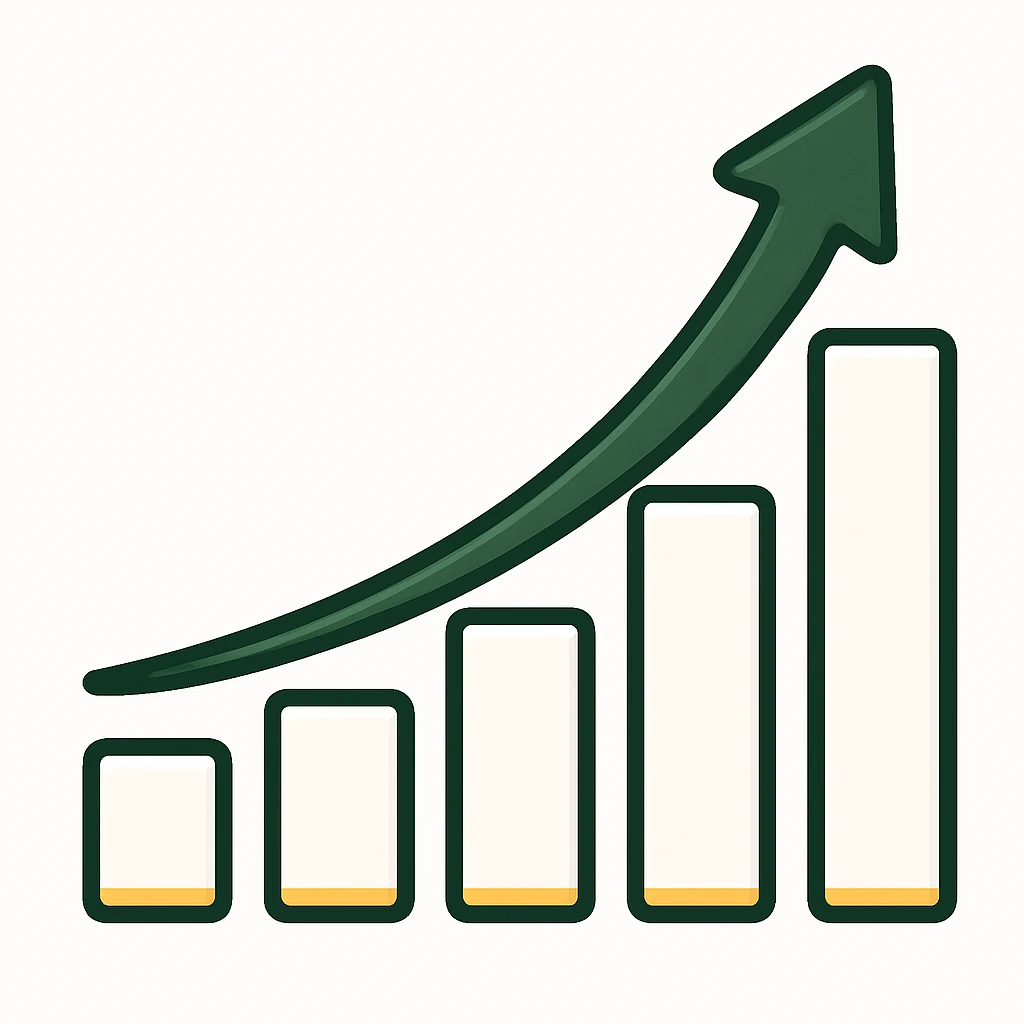 Edit the provided image to create a growth chart in iOS emoji style with a white background. The bars should be white with dark green shadows and details, and the arrow should be dark green with gold accents on both the bars and the arrow. The style should be minimalist with no faces or smileys, focusing on clean and simple design. emoji