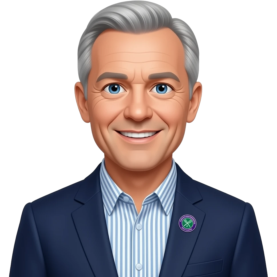 DJR - man, friendly smile, mid 70's, blue eyes, slim face, wimbledon pin badge, blue and white vertical striped button up shirt, thin grey hair, balding crown of head, dark blue blazer emoji