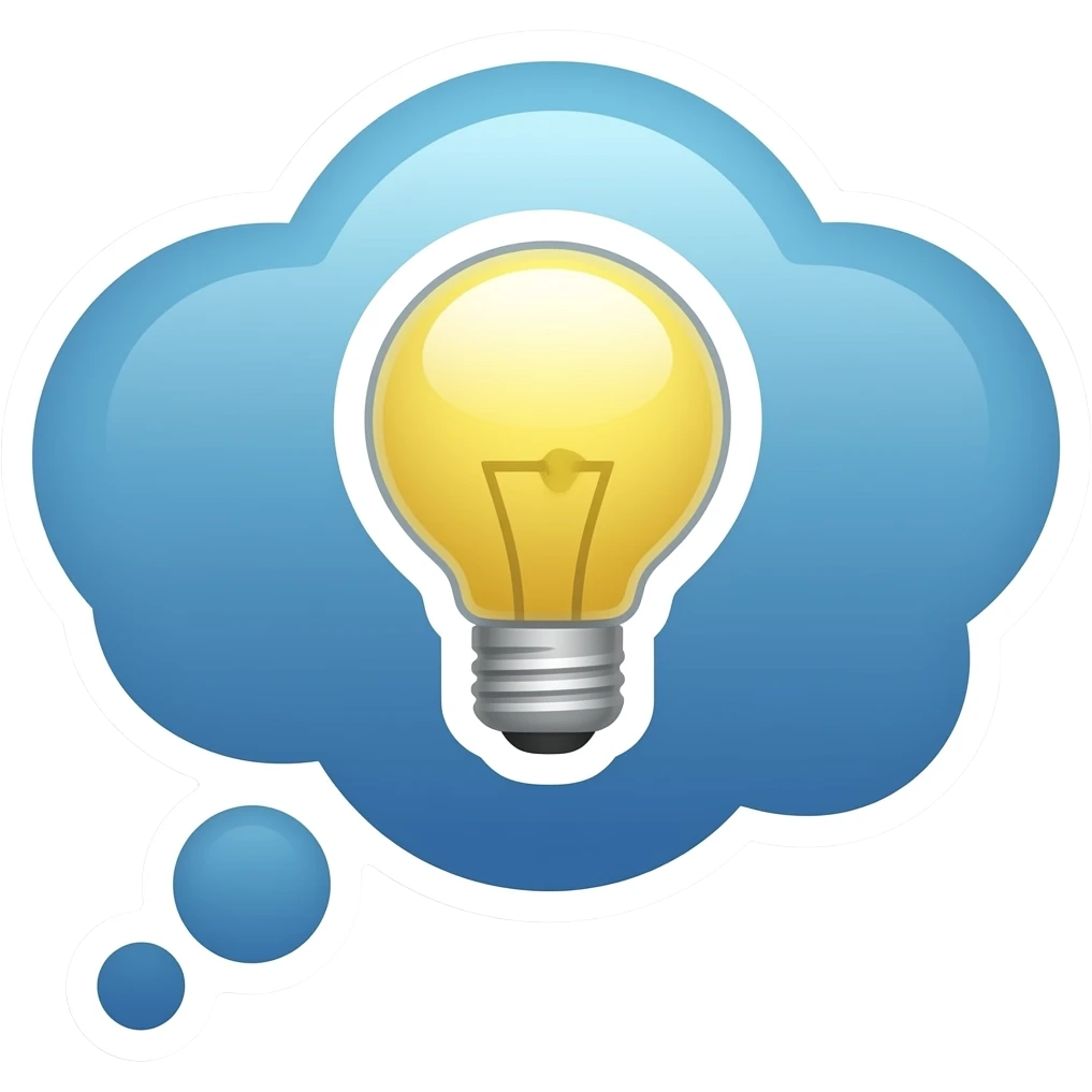 Simple and minimalistic sticker of a thought bubble with a light bulb inside, white outline, smooth gradients or solid colours emoji