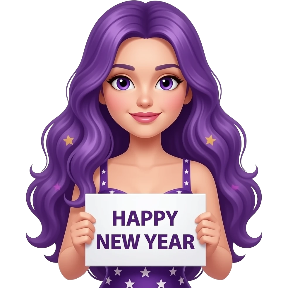 sexy girl with long purple hair and purple eyes wearing a new years dress holding a HAPPY NEW YEAR sign emoji
