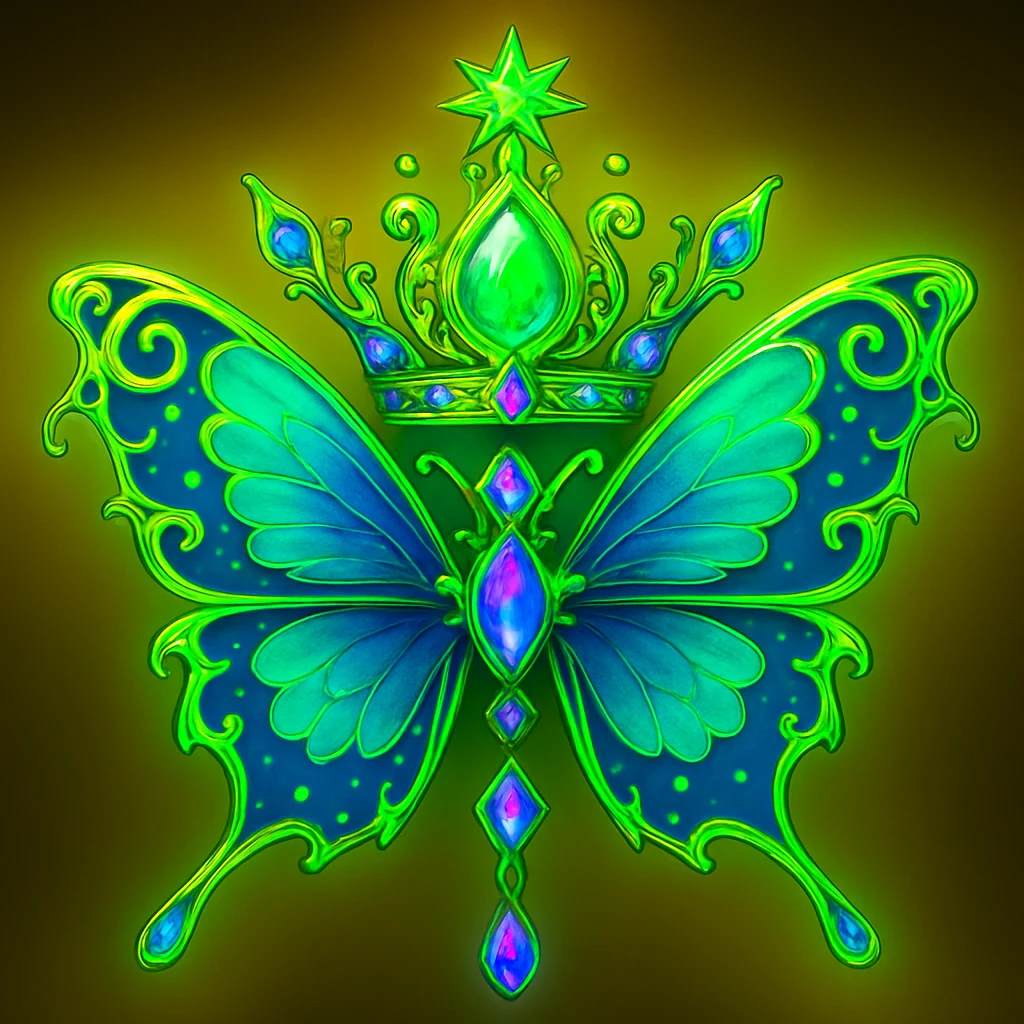 Change the butterfly and crown to a vibrant, magical, and luxurious neon green color with accents of blue and violet. The glowing neon green, blue, and violet tones should blend together beautifully, while preserving all gold details. Keep the background as is. emoji