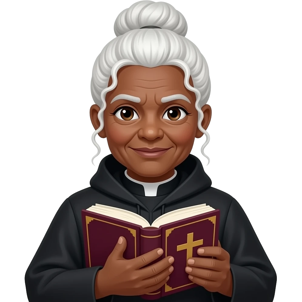 wise old woman with white hair tendrils in a bun black skin with burgundy book that has a cross on it emoji