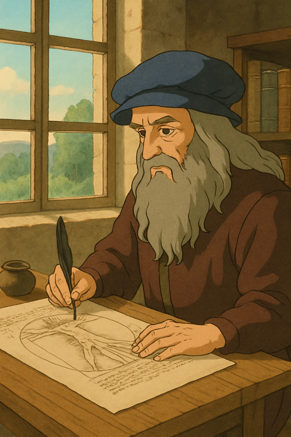 An image of Leonardo da Vinci sitting at his drawing desk, drawing an image of a human body in the 1500s emoji