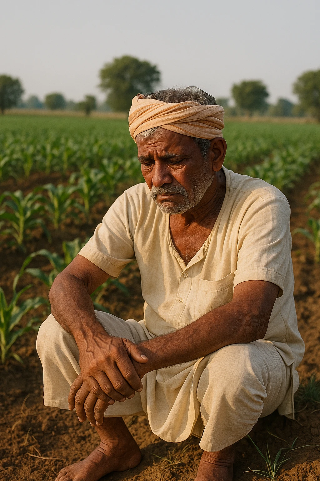 A sad Indian farmer in traditional dhoti, sitting on the ground in a field, looking down, emotional, farm setting. emoji