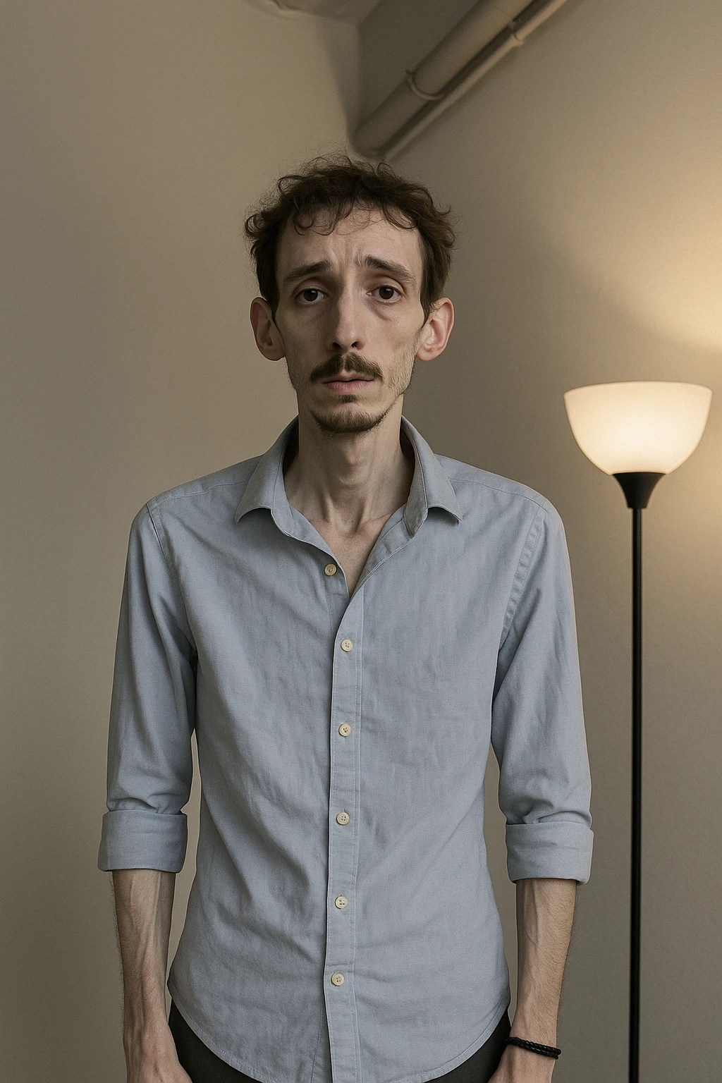 uomo che ha perso massa ed è piatto muscolarmente, lui è in piedi e si vede il fisico debilitato emoji