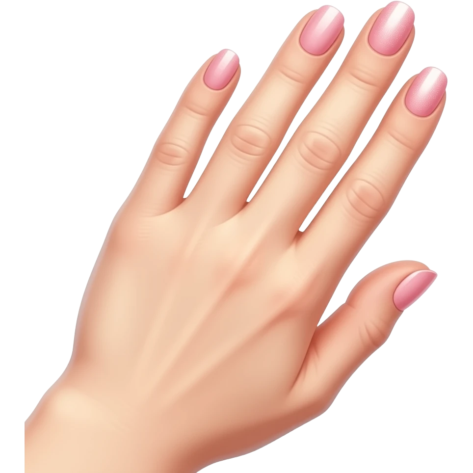A cute emoji of a feminine hand with glazed nails in pearl pink, a highlighter shimmer on the back of the hand, golden sparkle particles floating around the fingers, beauty lifestyle aesthetic emoji