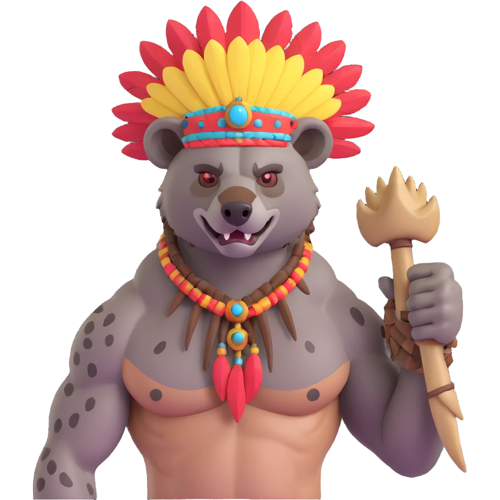 A native strong buff hyena with war bonnet flexing posing full body holding a chopped off human head by the hair  emoji