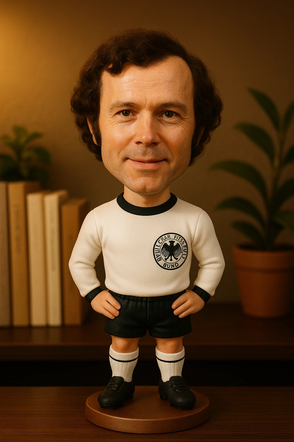 Молодой Франц Беккенбауэр в форме сборной Германии 1972 смотрит на прямо на зрителя и слегка улыбается, освещение с левой верхней стороны кадра emoji