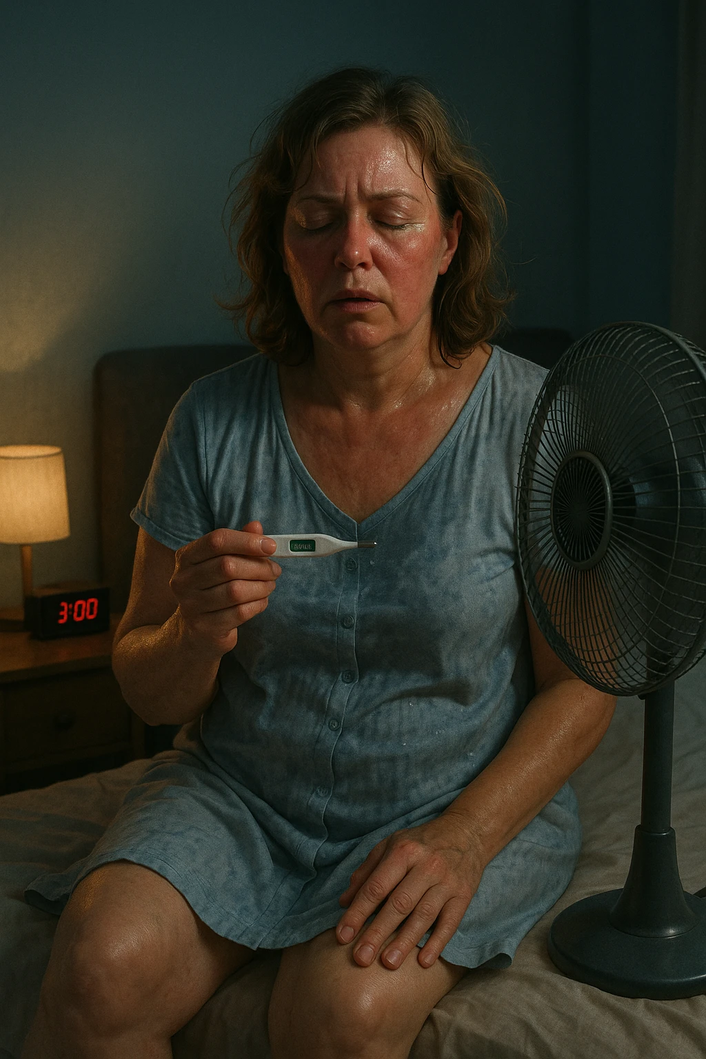 50-year-old woman sitting on bed at 3AM, nightgown soaked in sweat, face flushed as she holds thermometer showing 37.8°C, fan blowing directly on her emoji