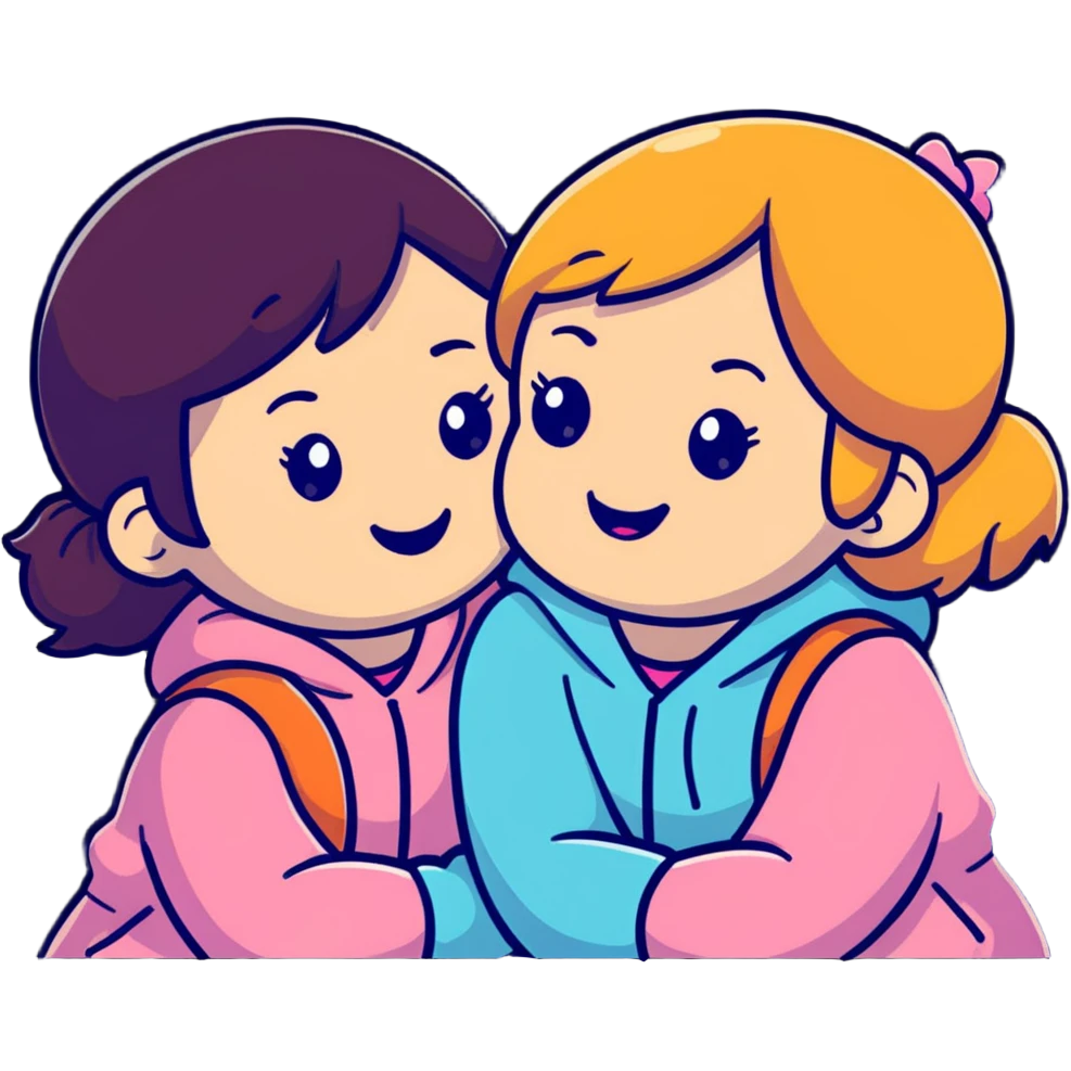 Two adorable girls with their cheeks touching, smiling, friendship pose emoji