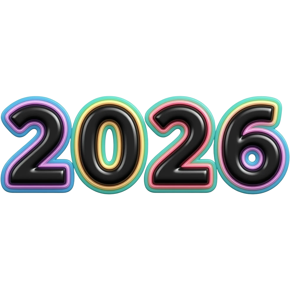 Letters "2026" in black glossy color, 3D style typography lettering, with each neon pastel color as a layered effect outlined around each letter, isolated, 3d rendering, no emoji icons no emoji faces and must have no human figures emoji