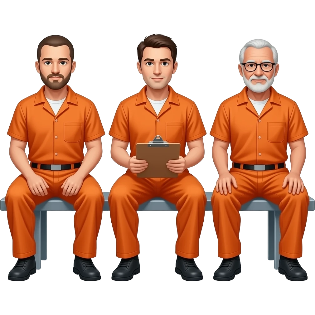 three caucasion guys in prison (orange)-sitting down ages 35, 50, 65; Clean Shaven (NO Beard). youngest in middle with clipboard emoji