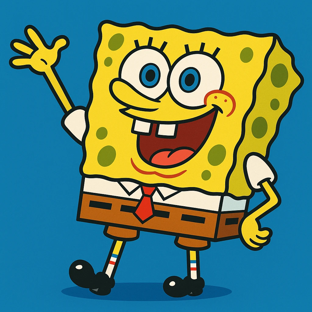 SpongeBob SquarePants, waving, happy expression, yellow sponge, cartoon style, white shirt, red tie, brown pants, blue background emoji
