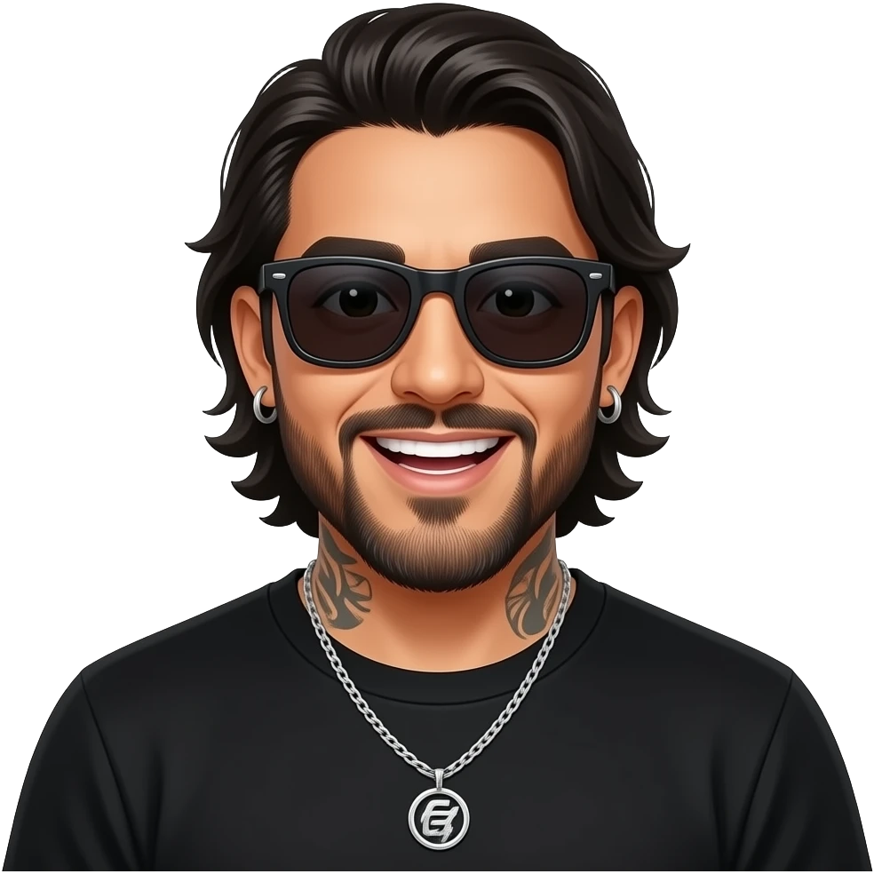 handsome, manly Latino podcast host with black colored eyes wearing black with silver jewelry, with medium length hair, a very long, lightly graying beard and tattoos, his ear and nose pierced, dark sunglasses. He shows excitement emoji