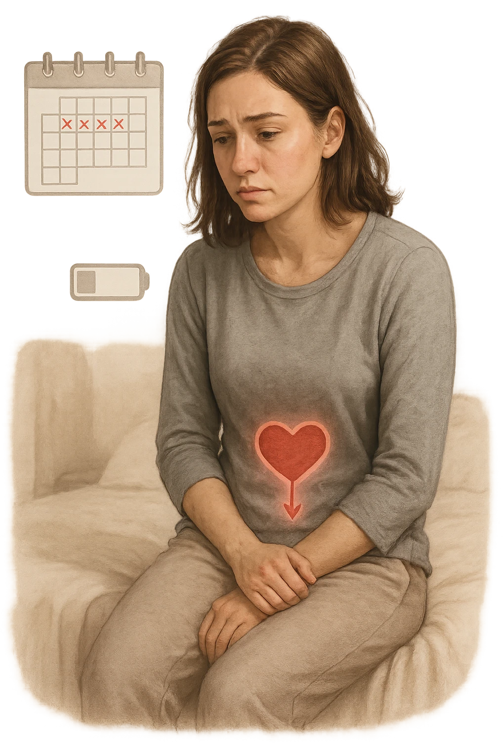 3D realistic medical illustration: a young woman in her 20s or 30s sits on the edge of a bed in a softly lit bedroom, looking thoughtful and slightly concerned. She wears comfortable loungewear, her posture is slouched, and her expression is subdued. Subtle visual cues—such as a faded calendar with missed menstrual cycles and a dimmed heart or energy icon near her abdomen—symbolize low libido and amenorrhea. The scene is realistic, intimate, and empathetic. emoji
