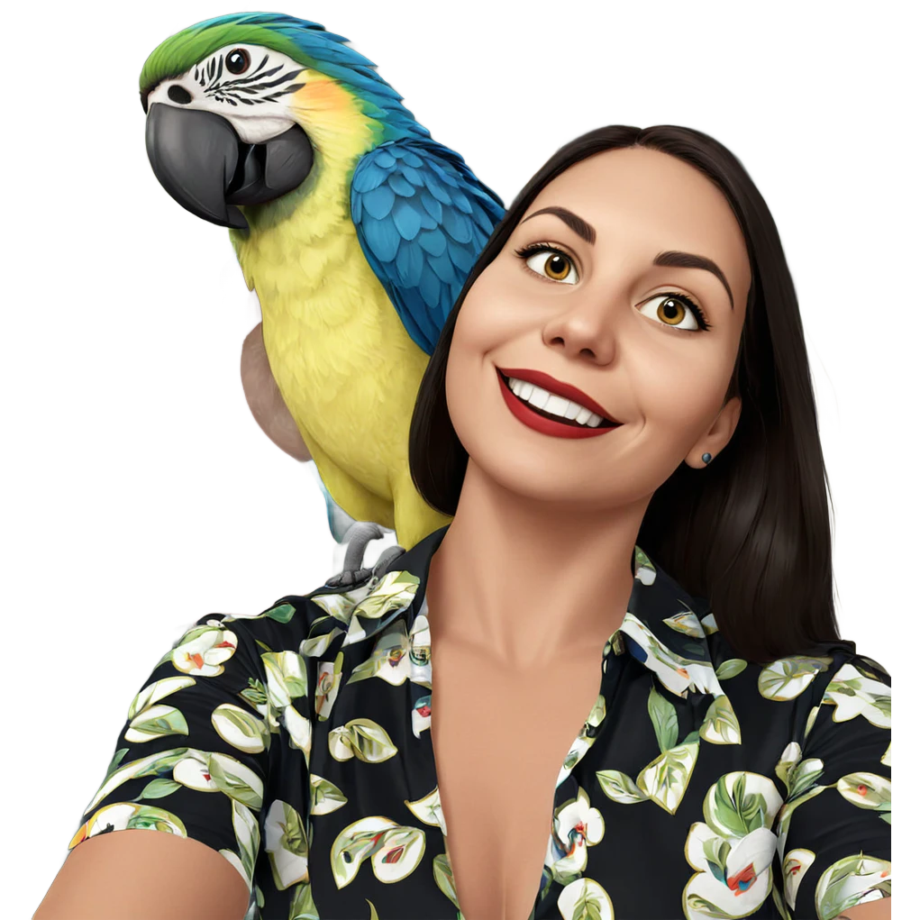 smiling girl with parrot emoji
