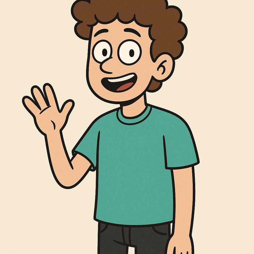 A boy brown curly hair green t-shirt Bright Blue Connector 2.0 (STSU207) black jeans emoji