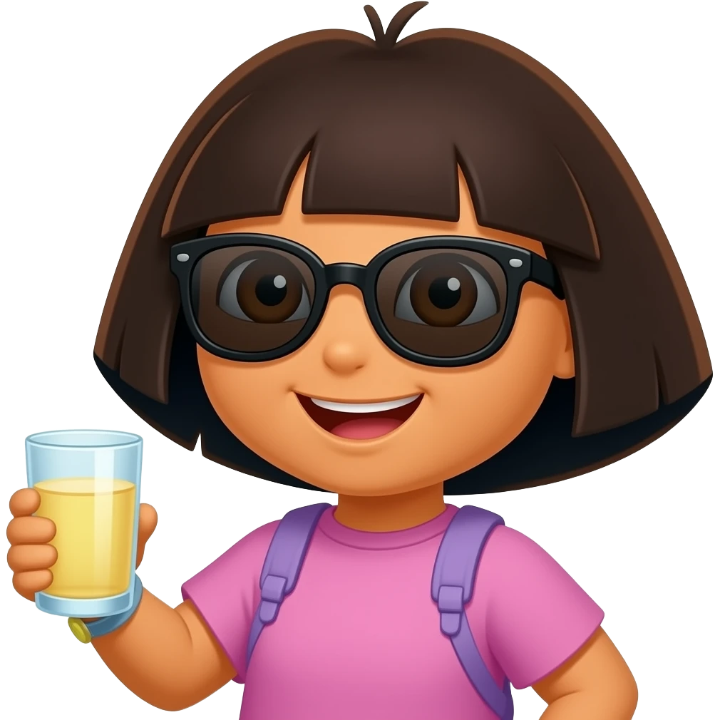 Cool dora with cool black shade, holding his glass and have a aesthetic smile emoji