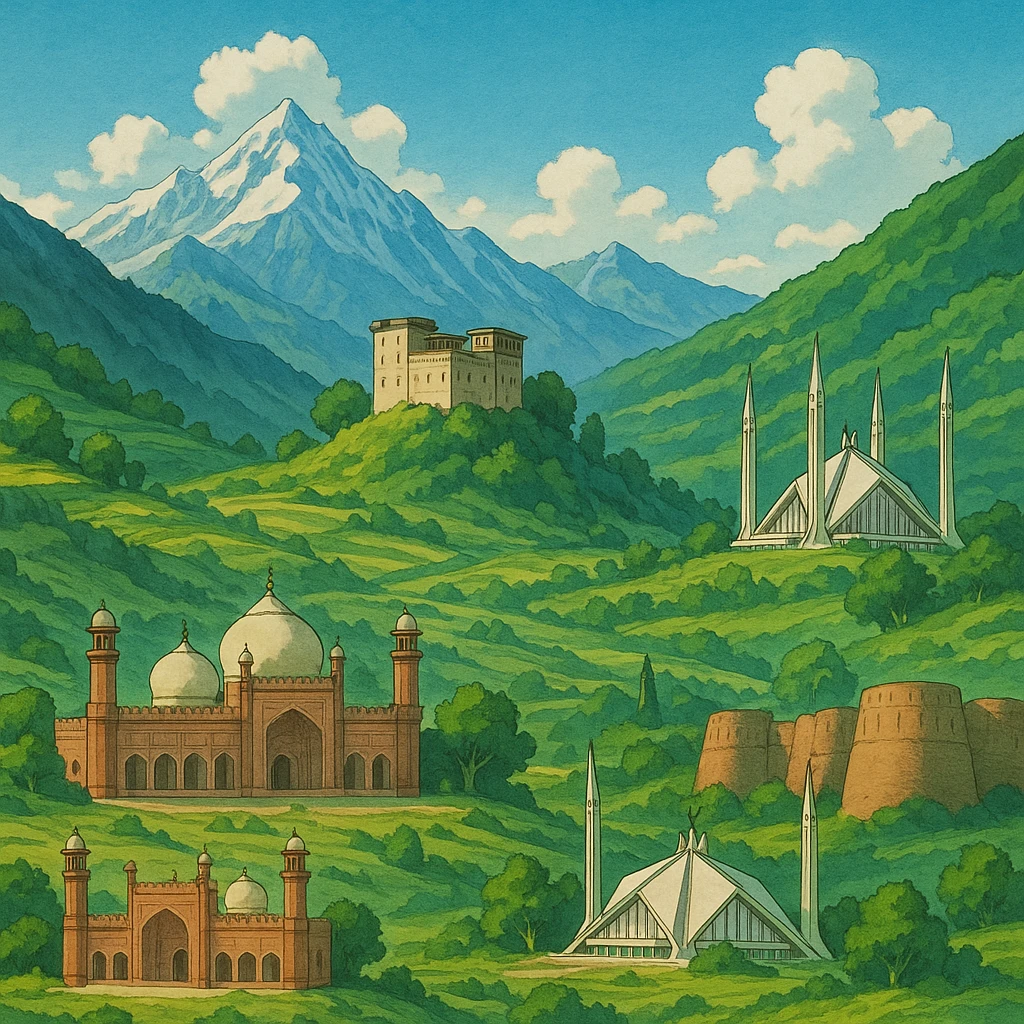 ghibli style landscape of Pakistan with mountains and famous sites emoji