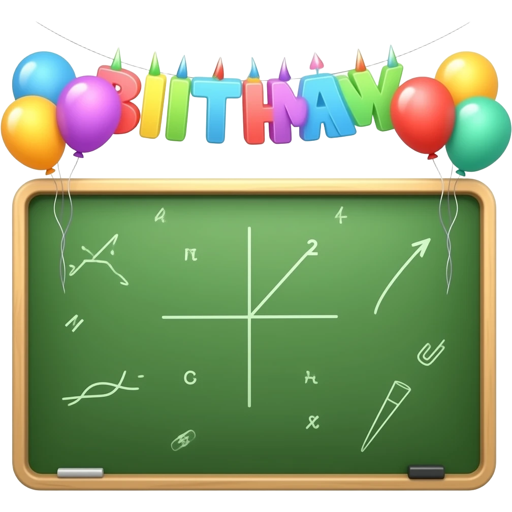 SCIENTIST'S GREEN BOARD WITH MATH SYMBOLS AND BIRTHDAY BALLOONS emoji