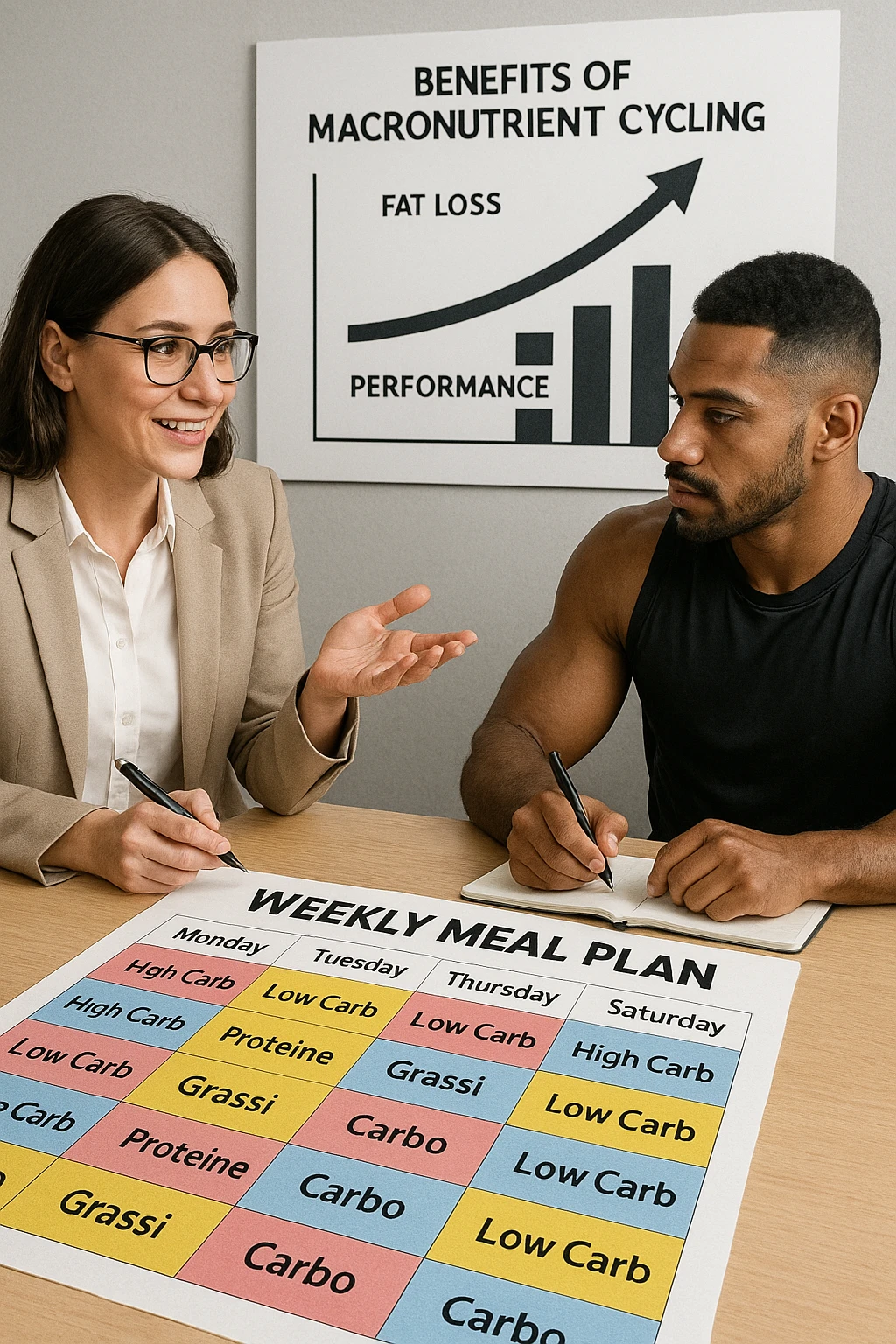 a nutritionist explains to an athlete how to cycle macronutrients for fat loss and training. On the desk, a weekly meal planner shows alternating high-carb and low-carb days, with color-coded sections for proteine, grassi, and carbo. The athlete takes notes, and a chart in the background illustrates the benefits of nutrient cycling. The mood is professional and educational. scritto in italiano emoji