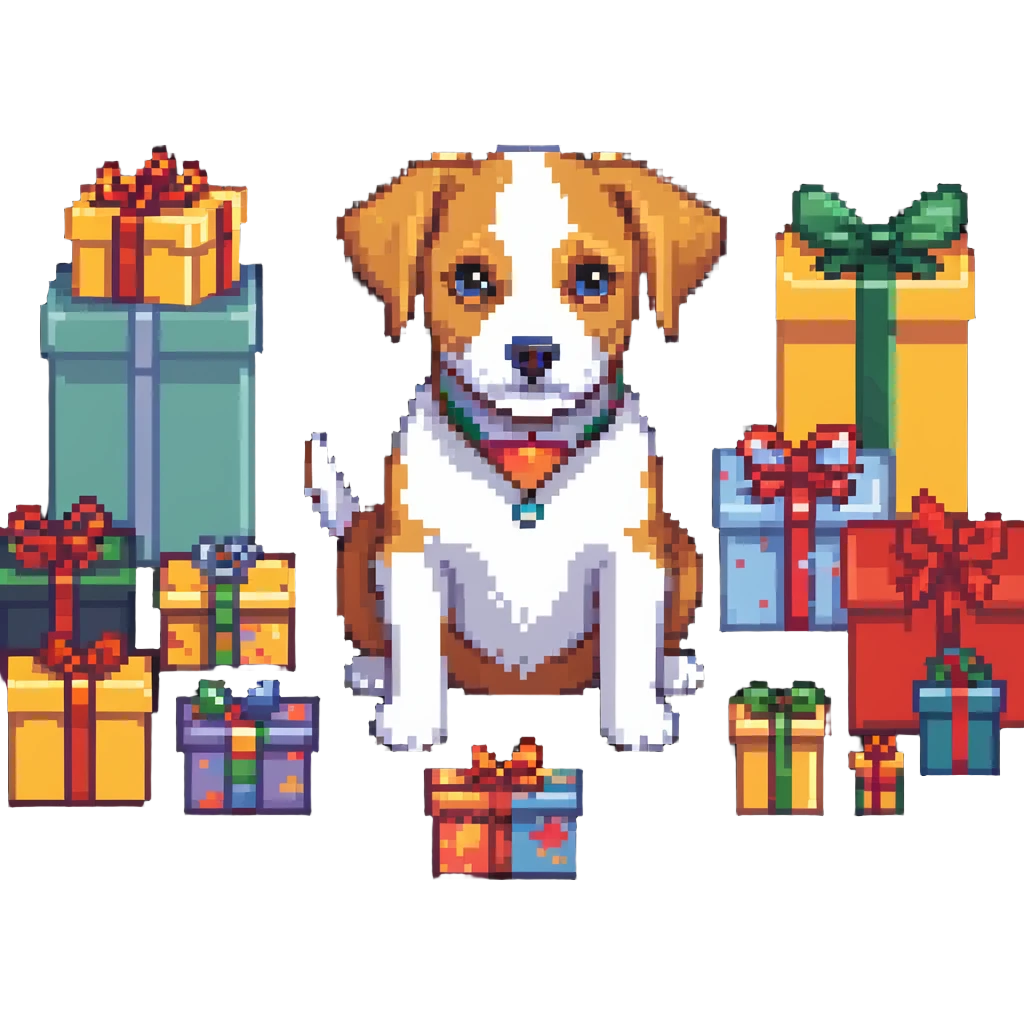 dog surrounded by gift boxes emoji