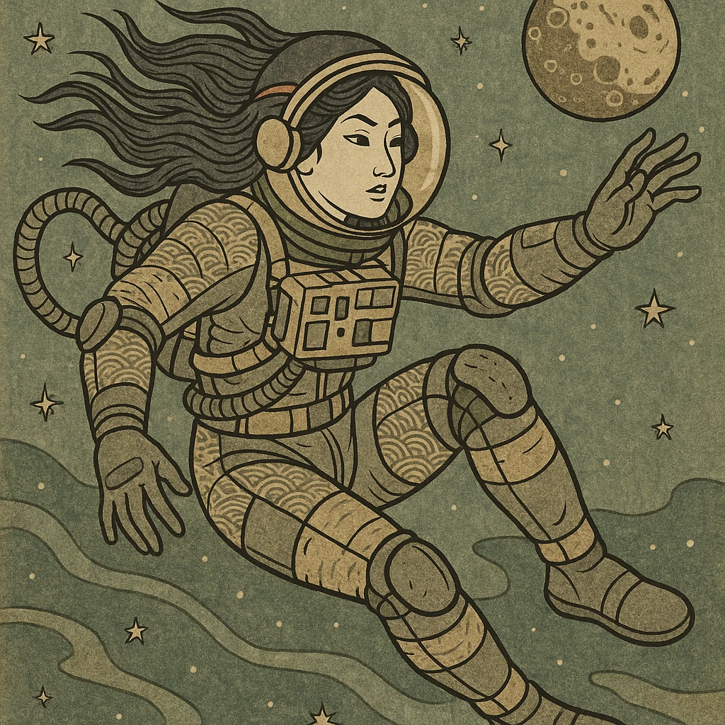 a tactical female space warrior floating in zero-g EVA operations, reaching in front of her emoji