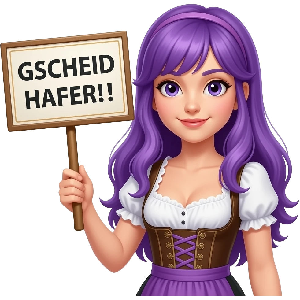 girl with long purple hair wearing a dirndl holding a GSCHEID HAFERL! sign emoji