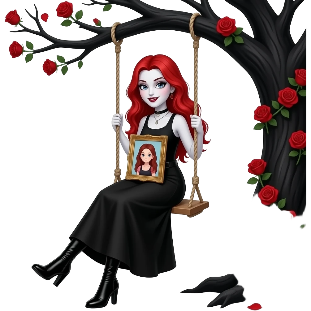 Vampiro adolescente femmina con pelle bianca e capelli rosso ondulati lunghi che indossa una gonna lunga nera e un top-canottiera nera e degli stivali lunghi neri con tacco e che dondola su un altalena attaccata a un albero nero con rose rosse con in braccio una bambina di 5 anni VAMPIRA emoji