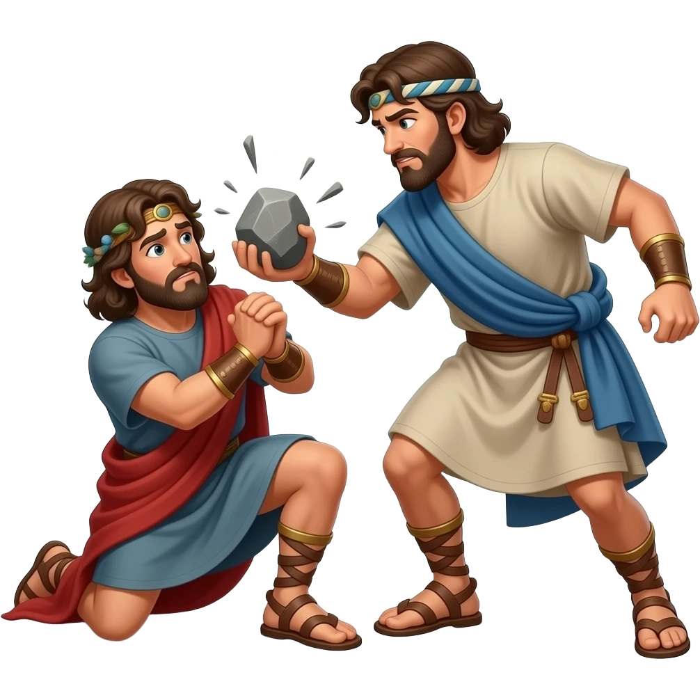 Two grown brothers dressed in biblical times fighting with one on the ground shielding himself from the blow his brother is about to give with a rock in his had emoji