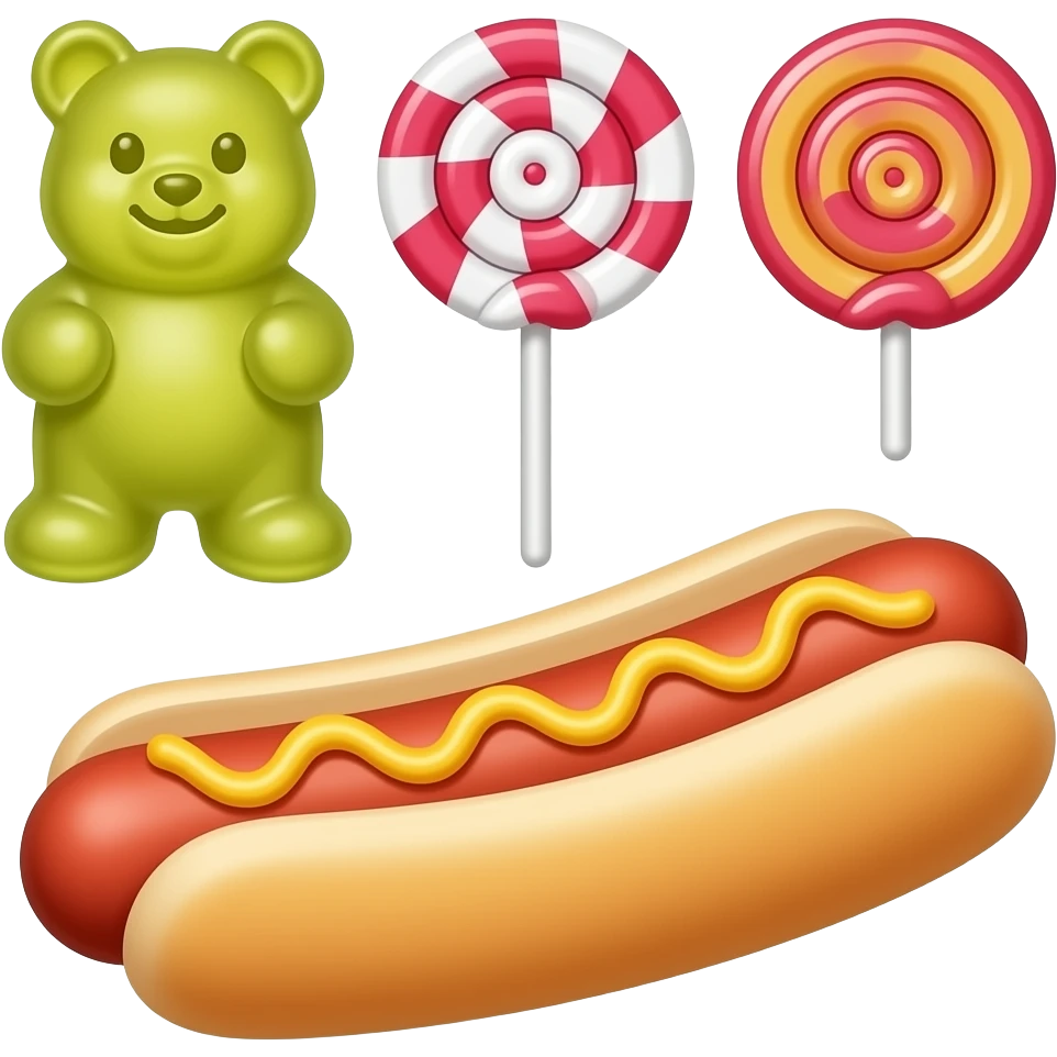 Gummy bears, lollipops, hot dogs, snacks emoji