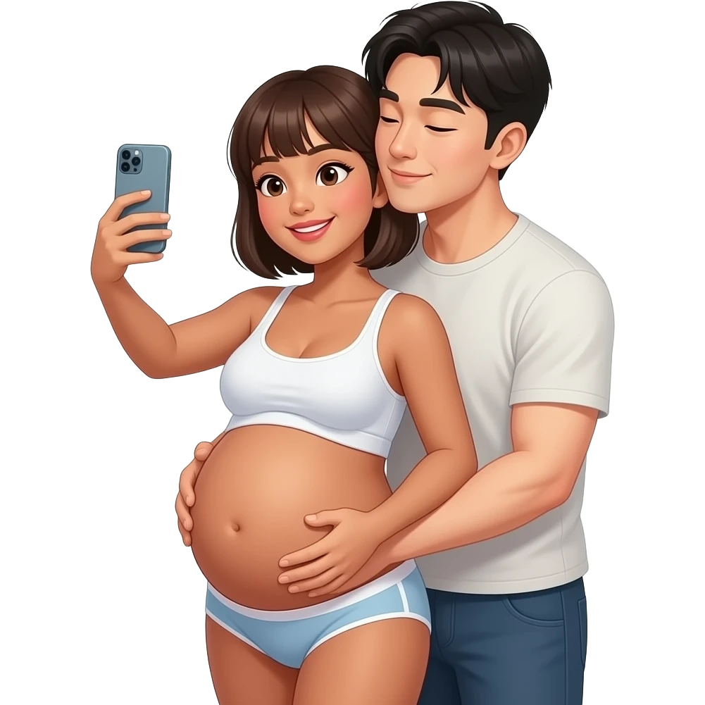 generate me a hot filipina with brown skin pregnant taking a mirror selfie with bangs and short hair with a hot korean guy with bangs hair besides her carrying her womb like doing a backhug. make them wear underwear. make the guy rest his head on the woman's shoulder like kissing her neck emoji