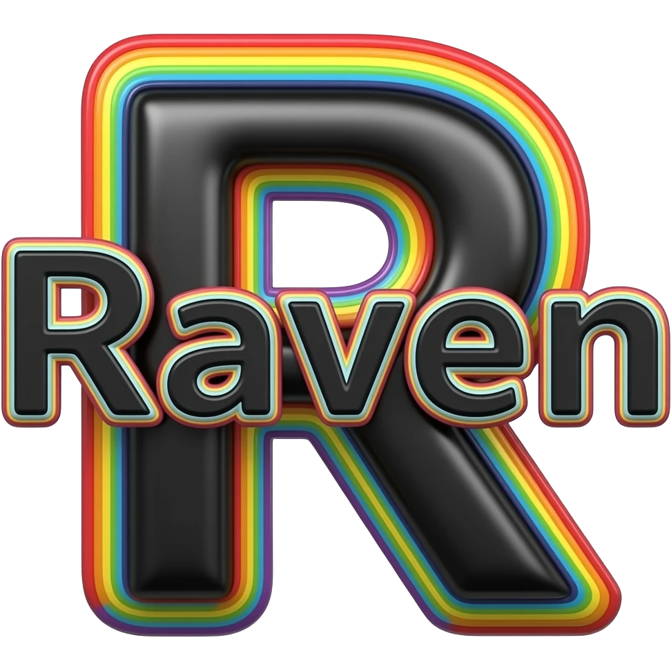 name "Raven" in glossy black color, 3D style typography lettering, each color of the rainbow as a border outlined around each letter, isolated, 3d rendering, no emoji icons no emoji faces and must have no human figures emoji