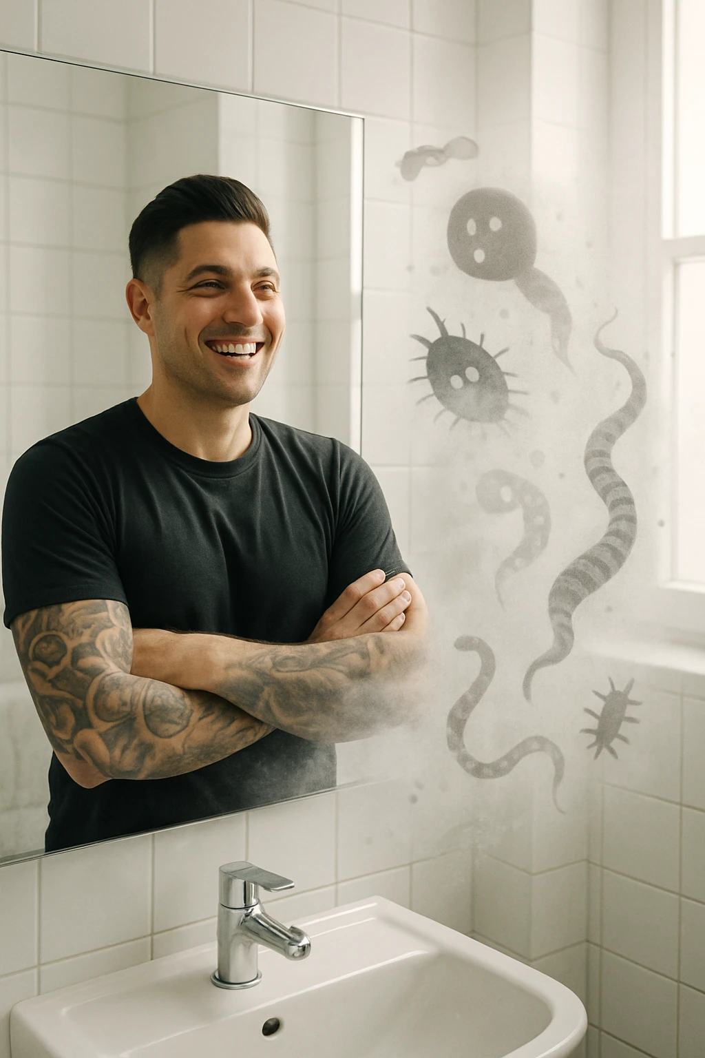 a man stands in a brightly lit bathroom, looking relieved and revitalized as he examines his reflection in the mirror. In the foreground, stylized, shadowy images of parasites (such as worms or protozoa) are shown leaving his body, dissolving into mist or fading away. His posture is upright and his expression is one of newfound energy and health. emoji