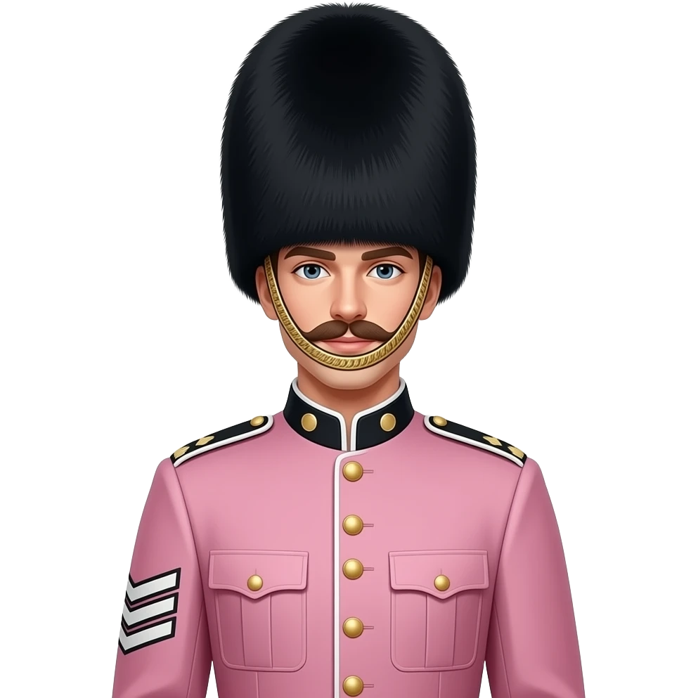 Fashion inspired British royal guard, isolated, centered, no background, tailored blush pink ceremonial coat, gold buttons, Long black hat, elegant London luxury aesthetic emoji