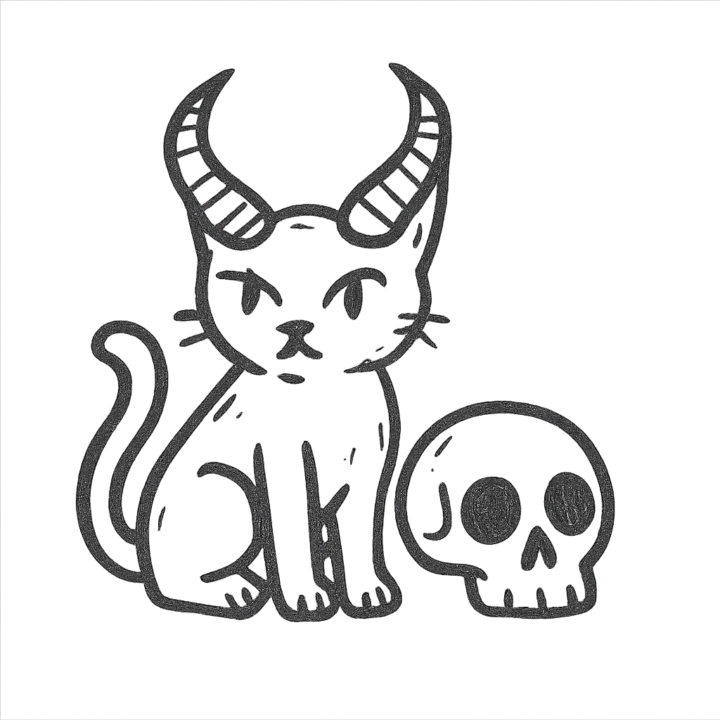 black cat with large demon horns sitting next to a human skull, hand drawn style, bold lines, no fill emoji