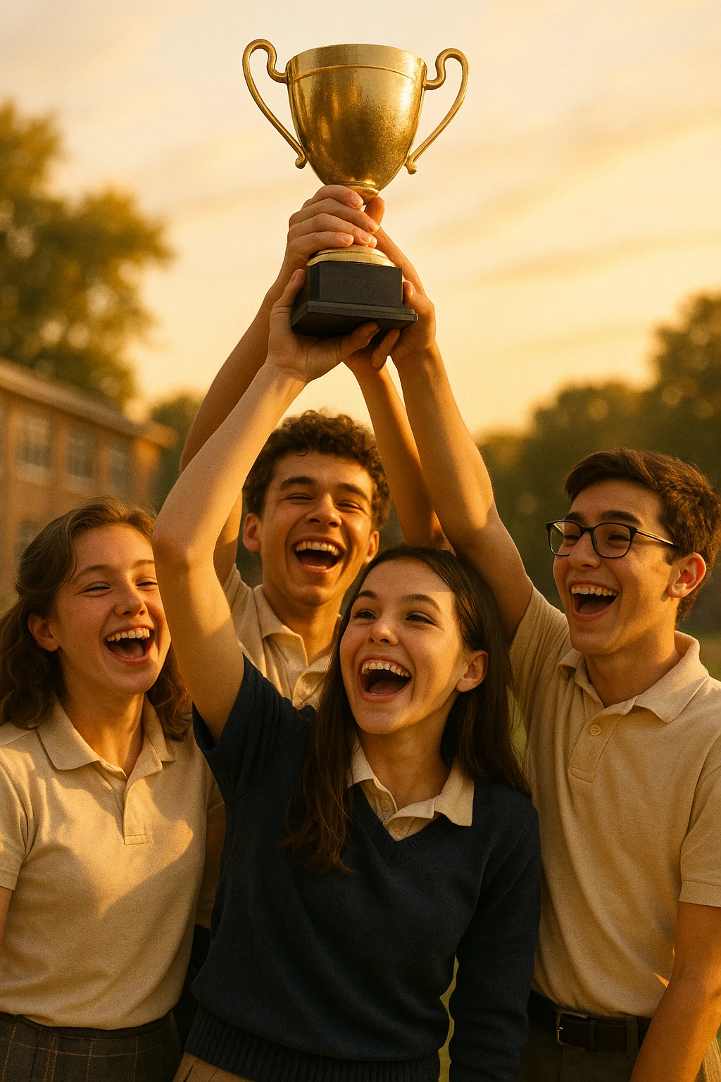 four students in a warm atmosphere lifting a trophy, semi-realistic style, joyful expressions emoji