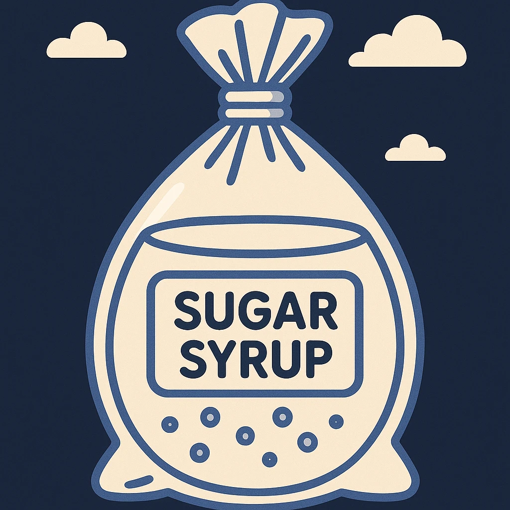 cartoon style illustration of a smooth, modern-looking clear plastic bag filled with sugar syrup, neatly tied at the top, with a glossy, attractive appearance, minimal and clean design, black background emoji
