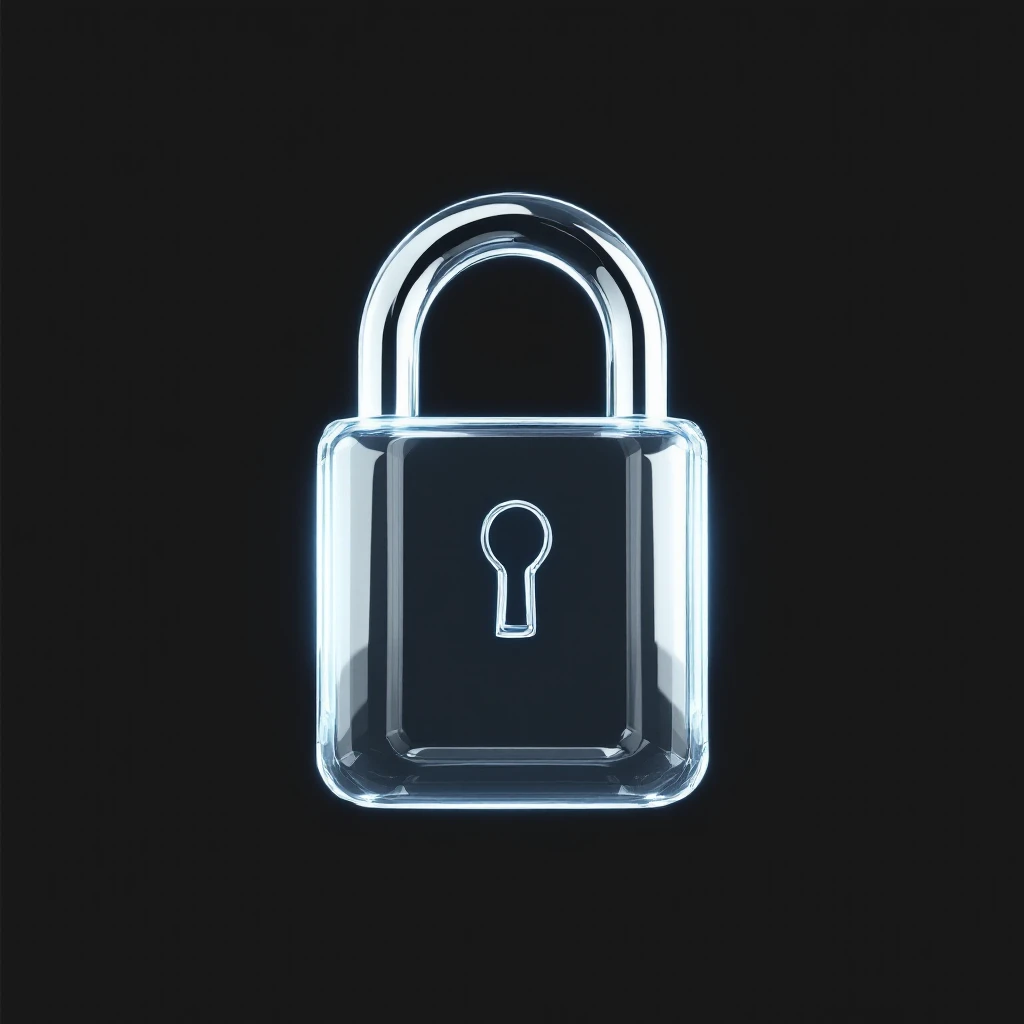 Photo of a 3d made of glass padlock, black solid background, symmetrical 3d render, rim light emoji